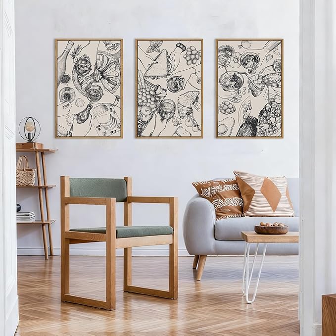 BINCUE Framed Food Wood Wall Art Set of Three Modern Cheers Kitchen Wall Decor Abstract Friends Party Art Print for Kitchen Dining Room Living Room 16x24 Inch