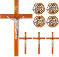 Leinuosen 4 Set Handmade Crucifix Wall Cross and Wooden Rosary Beads Jesus Cross Hanging Wood Rosary for Home Wall Pectoral Pendant Necklace Gifts Decor 7.87 Inch