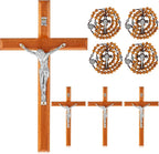 Leinuosen 4 Set Handmade Crucifix Wall Cross and Wooden Rosary Beads Jesus Cross Hanging Wood Rosary for Home Wall Pectoral Pendant Necklace Gifts Decor 7.87 Inch