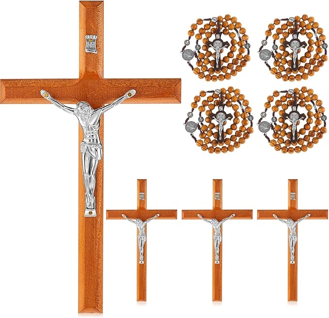 Leinuosen 4 Set Handmade Crucifix Wall Cross and Wooden Rosary Beads Jesus Cross Hanging Wood Rosary for Home Wall Pectoral Pendant Necklace Gifts Decor 7.87 Inch