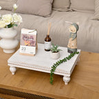 SwallowLiving Farmhouse Wood Riser for Display Decorative, Rustic Shabby Chic Tray for Kitchen Counter, Coffee Bar Table, Dining Room, Wooden Rectangle Beaded Pedestal Stand for Food, White
