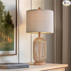 OYEARS 21" Boho Table Lamp for Living Room, Bedside Lamp for Nightstands, Rattan Lamp for Bedroom, Farmhouse Table Lamp for Room Decor, End Table, Retro, Brown, 1 Pack