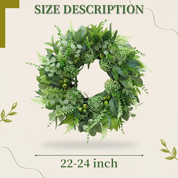 24 Inch Artificial Greenery Wreath for Front Door - Green Wreath with Eucalyptus and Fern Leaves, Spring Summer Fall Winter Eucalyptus Wreaths, Indoor Outdoor Wreath for Farmhouse Outside Year Round