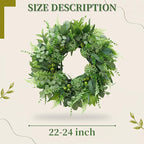 24 Inch Artificial Greenery Wreath for Front Door - Green Wreath with Eucalyptus and Fern Leaves, Spring Summer Fall Winter Eucalyptus Wreaths, Indoor Outdoor Wreath for Farmhouse Outside Year Round