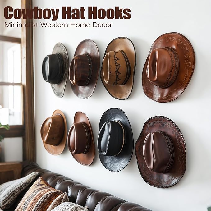 2.8 Inch Hat Hooks for Wall - (16 Pack) Cowboy Hat Rack, Strong Adhesive Cap Holder, Organizer for Baseball Caps, Western Room Decor - Clear