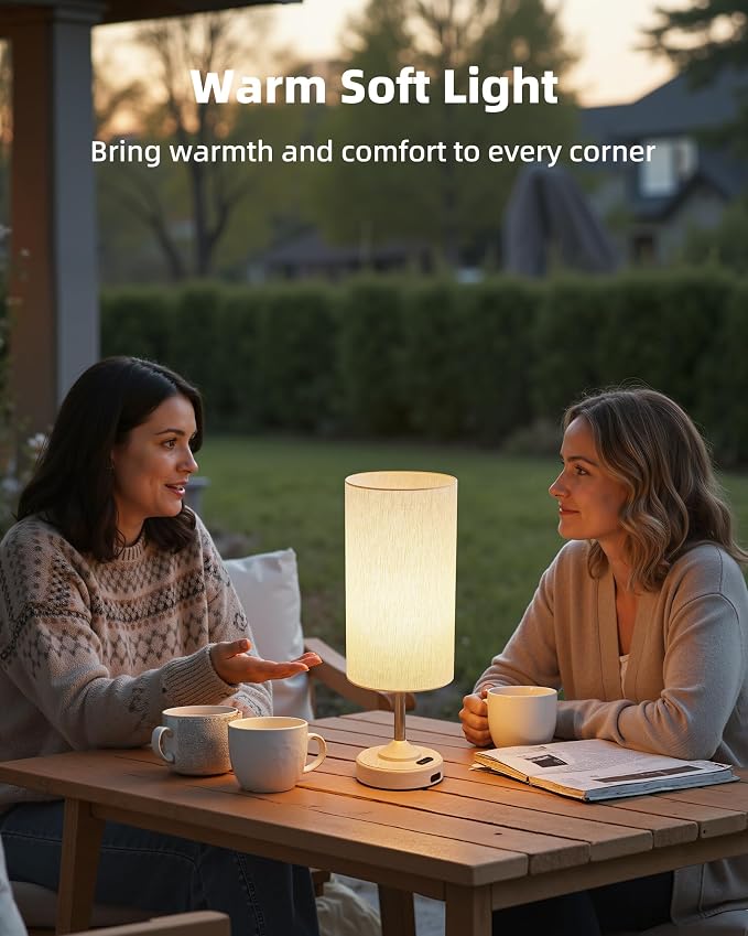 EZVALO Cordless Table Lamp, Ambient Light, Dimmable, Touch, Timer, 2700K, Bedroom, Portable, LED, Wireless, Rechargeable, Battery Operated, Desk Lamp, Fabric Shade, Wood-Grain Finish, Living Room