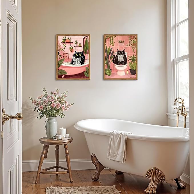 Framed Funny Bathroom Black Cat Canvas Wall Art Set of 2, Cute Cat Reading Newspaper on Toilet Pictures Wall Decor, Humor Animal in Bathtub Paintings Prints for Restroom 16x24 inch