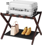HOOBRO Luggage Rack, Bamboo Suitcase Stand, Folding Luggage Holder, with Nylon Straps and Oxford Fabric Shelf, for Guest Room, Hotel, Bedroom, Brown and Black BR17XL01G1