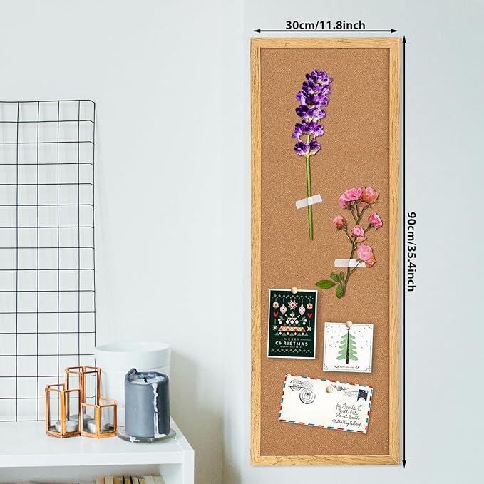 TORASO Cork Board Bulletin Board, Corkboard for Walls with Rustic Brown Frame, Large Wall Mounted Cork Board with Installation Kit,11.8" x 35.4" Pin Tackboard for Home,Office, School (RMB-RB-3090)
