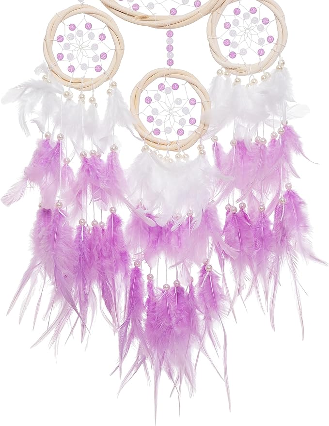 Large Rattan Dream Catchers - Light Purple Rooster Feather with Luxury Pearl, Multiring, Handmade Dreamcatcher for Bedroom, Dream Catcher for Girls, Dream Catchers for Boys, Dream Catcher Wall Decor