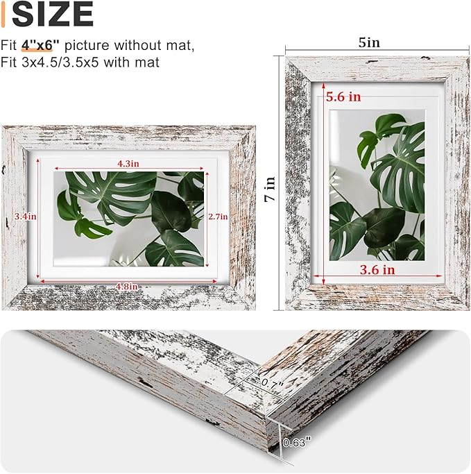 Egofine 4x6 Picture Frames Set of 4, Made of Solid Wood Covered by Plexiglass 3x4.5 and 3.5x5 with Mat or 4x6 without Mat, for Table Top Display and Wall Mounting Photo Frame Rustic White