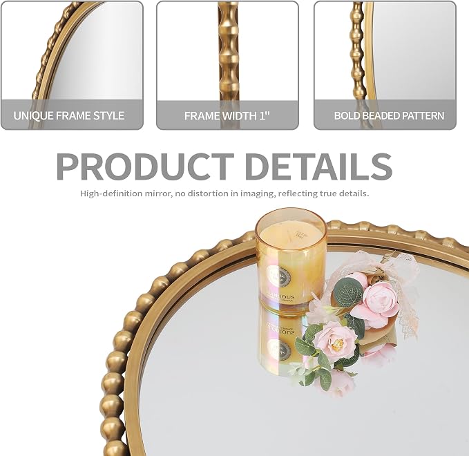 24x36 Inch Oval Wall Mirror with Antique Gold Beaded Frame, Vertical or Horizontal Hanging Vanity Mirror for Bathroom, Powder Room or Bedroom, Decorative Oval Mirror Wall Decor