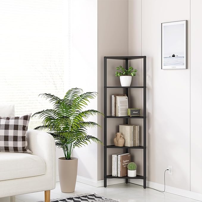 TUTOTAK Corner Shelf with LED Light, 5-Tier Corner Bookshelf for Small Space, Narrow Display Corner Shelf Stand with Storage Rack, for Living Room, Bedroom, Black BS05BK005L