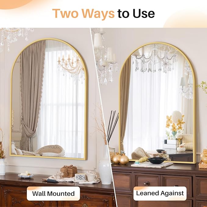 Bathroom Mirror for Wall, 38x26 Inch Arched Mirror, Matte Gold Metal Framed Bathroom Vanity Mirror for Restroom Farmhouse, Anti-Rust, Tempered Glass, Hanging or Leaning