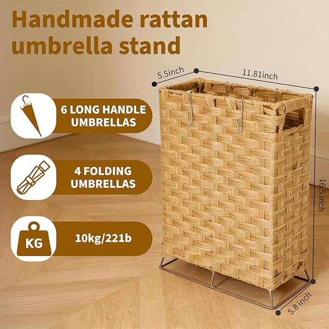 Rattan Umbrella Stand with Built-in Water Reservoir & Hooks, Hand Woven Umbrella Rack Organizer Freestanding - Stable, High-Capacity Organizer for Home and Office - 11.8" L x 5.5" W x 16.5" H