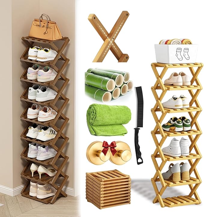 Foldable Shoe Rack, 2 - 9 Tier No-Tool Assembly Bamboo Organizer with Anti-Wobble X-Design for Small Spaces, Sturdy Vertical Storage Shelf for Entryway, Closet, Apartment & Dorm (Yellow,7 Layers)