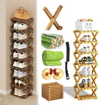 Foldable Shoe Rack, 2 - 9 Tier No-Tool Assembly Bamboo Organizer with Anti-Wobble X-Design for Small Spaces, Sturdy Vertical Storage Shelf for Entryway, Closet, Apartment & Dorm (Yellow,7 Layers)