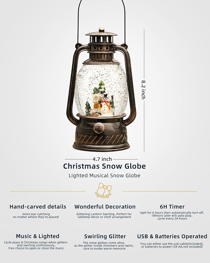 Christmas Decorations Snowman Snow Globes Musical Light Up 6H Time Glitter Globe Village Christmas Snow Globes Snowman Decor Gifts