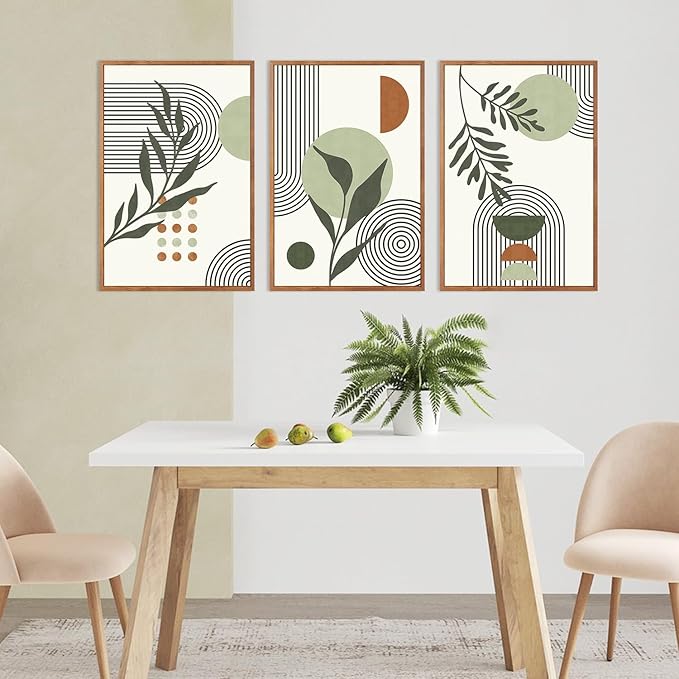 KAlRNE Sage Green Boho Beige Framed Canvas Wall Art Set of 3(24”X36”),Abstract Geometric Line Leaf Wall Decor,Botanical Minimalist Neutral Art Prints For Living Room Bedroom Office