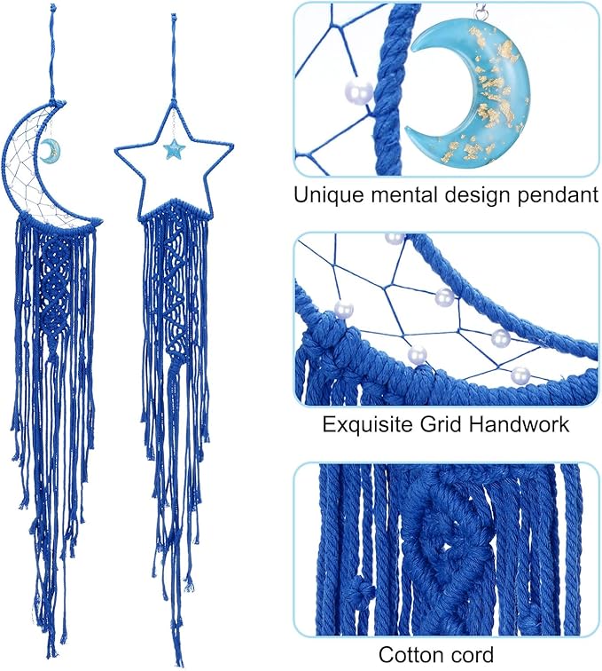 PATIKIL Moon Star Dream Catcher Decor, 39" Boho Dream Catcher Macrame Woven Wall Hanging for Home Decor Bedroom Accessories Cafes Wedding Decoration, Dark Blue