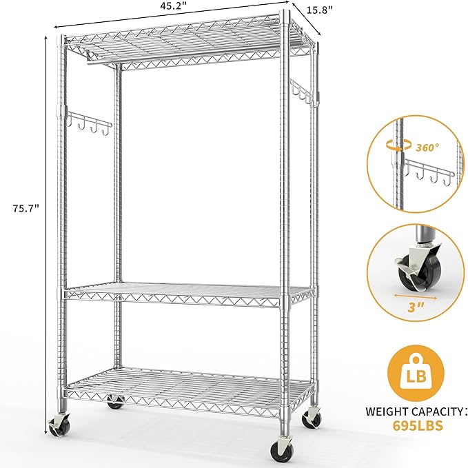 Heavy Duty Rolling Clothes Rack,Load 693LBS Clothing Racks for Hanging Clothes,Free Standing Closet Organizers and Storage Garment Racks with Wheels,Rods,Side Hooks,76"h x 45"w x 16"d