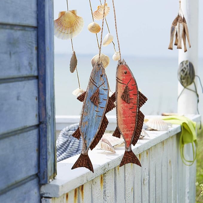 Antique Wood Fish Decor Decorative Wooden Hanging Fish Nautical Indoor Outdoor Decorations Wall Art Ornament (Set of 2)