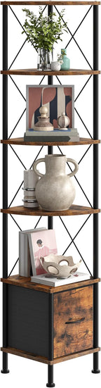 CHOEZON Corner Shelf with Drawer, Narrow Corner Bookshelf, Standing Bookcase, Storage Shelf with Anti-tip, Industrial Display Shelf for Small Spaces, Rustic Brown and Black TCJ76BF