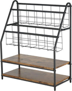 VECELO Magazine Holder Floor,2-Tier Metal Magazine Racks, Newspaper Display Stand with Board Shelves for Books and Brochure in Home Office,Shopping Malls,Indoor&Outdoor Place, Retro Brown