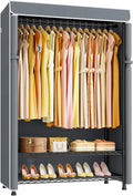 H5C Plus Clothes Rack with Cover, Portable Closet for Hanging Clothes, Covered Clothing Racks Heavy Duty, 3-Tiers Garment Rack with Shelves Max Load 370LBS Black Closet Rack with Gray Cover
