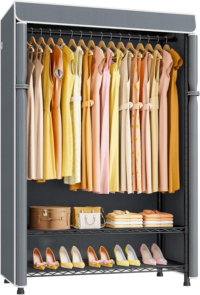 H5C Plus Clothes Rack with Cover, Portable Closet for Hanging Clothes, Covered Clothing Racks Heavy Duty, 3-Tiers Garment Rack with Shelves Max Load 370LBS Black Closet Rack with Gray Cover