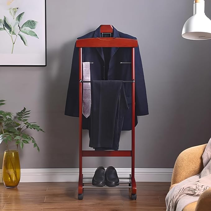 Suit Valet Stands for Women and Men Wooden Suit Valet Stand with Contour Hanger Trouser Bar and Top Storage Tray Contour Hanger Chair Valet for Entryway Bedroom(A)