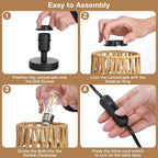 Fenmzee Small Table Lamp for Bedroom - Inline Control, Bedside Lamp with 3000K A15 LED Blub, Easy Assembly（Rattan Rope Shade-Black Base，9" Inline Control）