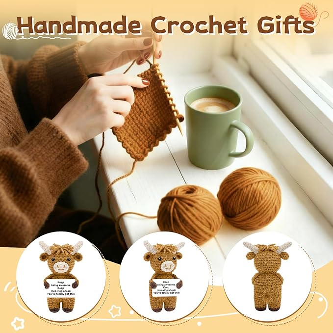 DAFURIET Handmade Positive Crochet Highland Cow, Emotional Stuffed Animal Doll Gifts for Women/Men, Cute Birthday Graduation Present for Friend, Coworker, Son, Daughter