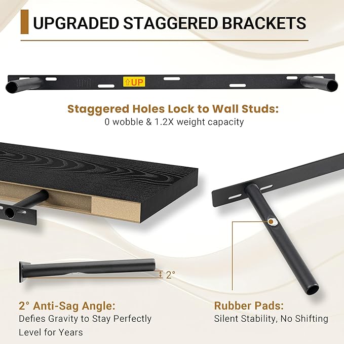 Vivelove 2 inch Thick Floating Shelves for Wall 48 Inches Long, 12" Deep Wall Shelves, for Bedroom, Bathroom, Living Room, Kitchen, Office, Modern Home Decor, 48" X 12" X 2", Set of 2, Black