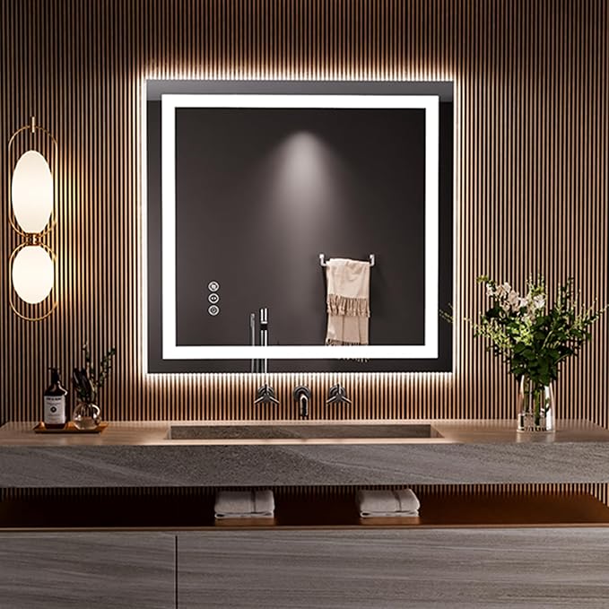 LOAAO 36"x34" LED Bathroom Mirror with Lights, Anti-Fog, Dimmable, Backlit + Front Lit, Lighted Bathroom Vanity Mirror for Wall, Memory Function