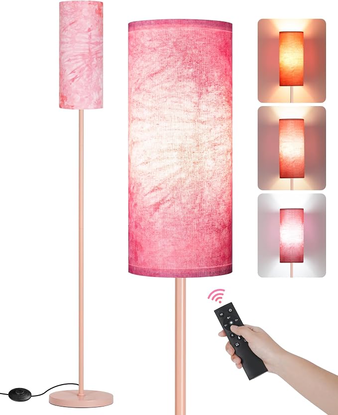 Dimmable Floor Lamps for Living Room with Remote and Foot Switch, 64.4” Modern Standing Tall Lamp, Corner Lamp for Bedroom, Bulb Included, 3000K-6500K, FCC Listed, Sakura Pink PCP06LD05W1