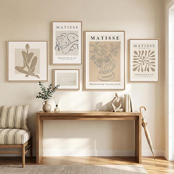 Large Framed Matisse Wall Art Set of 5, Neutral Beige Abstract Geometric Botanical Canvas Prints, Modern Minimalist Wall Decor for Living Room, Bedroom, Dining Room, Hallway, or Office