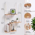 3-Tier Boho Hanging Shelves for Wall - Rustic Floating Wood Shelves with Rope, Macrame Plant Shelf Organizer for Home Decor - Farmhouse, Bohemian Style for Bedroom, Bathroom, Kitchen