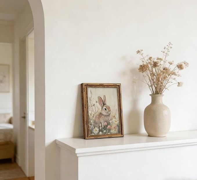 Vintage Gold Framed Bunny Wall Art, Spring Rabbit and Wildflowers Cottagecore Painting Canvas Print, Country Animal Picture Wall Decor, Rustic Farmhouse Floral Poster Artwork for Living Room Bedroom