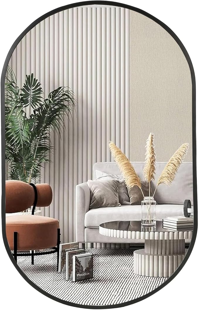 Black Oval Mirror, 17"x30" Oval Bathroom Mirror, Vanity Mirror with Brushed Metal Frame, Wall Mount Mirrors Decor for Bathroom, Bedroom, Entryway, Living Room(Hangs Horizontally or Vertically)