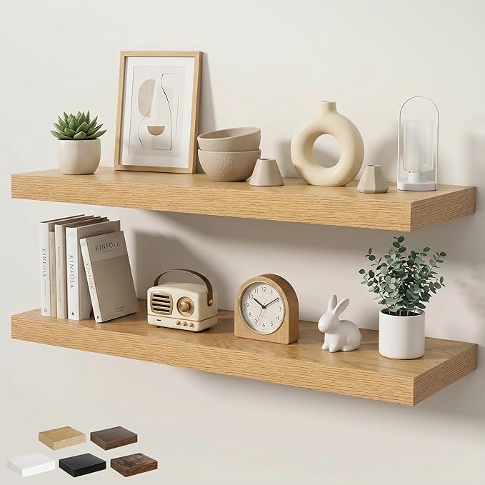 Floating Shelves for Wall 40 in x 9.3 in Deep, Wall Mounted Rustic Wood Shelf with Invisible Brackets for Storage & Display, Living Room Bedroom Bathroom, Oak, 2 Pack