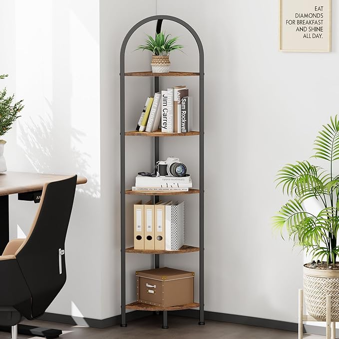 Homhedy 5-Tier Arched Corner Shelf Stand, Wall Corner Bookshelf with Metal Frame, Plant Stand, Industrial Storage Rack Shelf for Living Room, Bedroom, Office, Bathroom, Rustic Brown and Black
