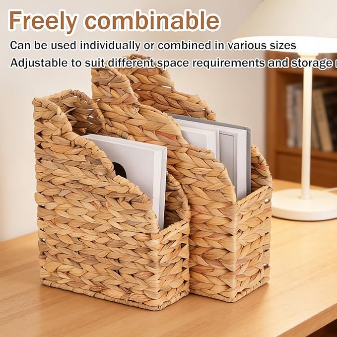Water Hyacinth Magazine Holders, Scalloped Edge, Natural Handwoven Rattan Storage Baskets, Large and Small Size Packages, Storage Bin & Organizer for Files, Books, Newspapers, Decorative Storage Bin