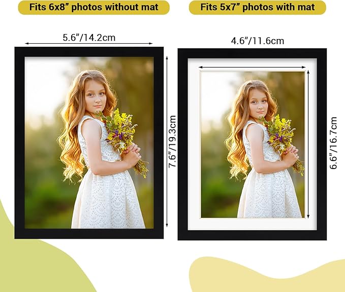 Rempry 6x8 Picture Frame, Display Pictures 5x7 with Mat or 6x8 Without Mat, Wall Hanging or Tabletop Photo Frame with Shatter Resistant Plexiglass, Black, 1 Pack