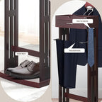 Wood Suit Rack with Drawer&Tray, Freestanding Valet Stand for Men Women, Standing Clothes Organizer Rack with Contour Hanger Trouser Bar Floor Stand Valet for Entryway Living Room Bedroom Office(A)