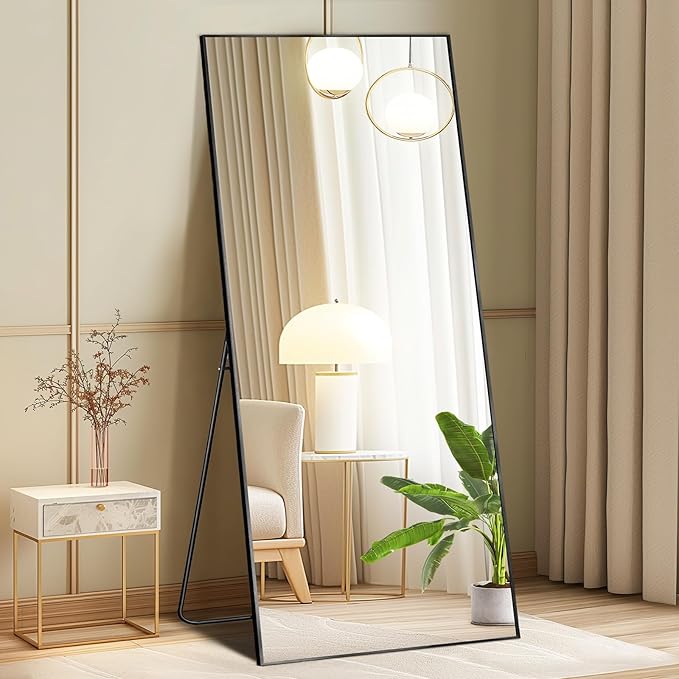 DUMOS 21"x56" Full Length Mirror with Stand, Floor Standing Aluminum Frame, Shatter-Proof Nano Glass for Bedroom, Living Room, Cloakroom – Modern Simple Home Decor,Can Be Hanging or Leaning, Black