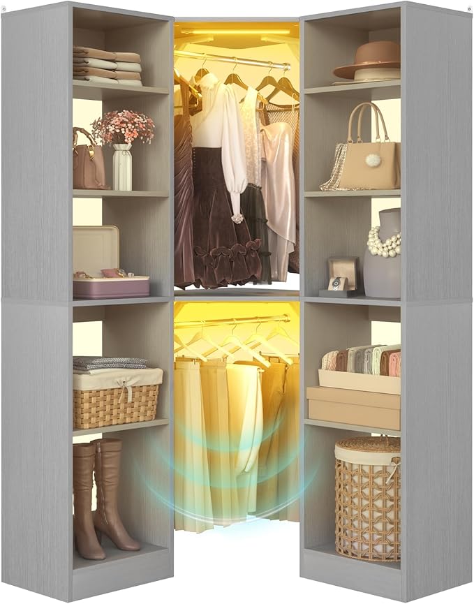 Corner Closet System with 2 Motion Sensor Lights, 39.2" Corner Closet Organizer with 12 Shelves, Closet Corner with 2 Hanging Rods, Versatile 6-Tier Walk-in Closets for Corner Space, Grey