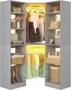 Corner Closet System with 2 Motion Sensor Lights, 39.2" Corner Closet Organizer with 12 Shelves, Closet Corner with 2 Hanging Rods, Versatile 6-Tier Walk-in Closets for Corner Space, Grey