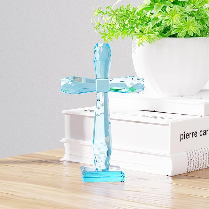 YWHL Handmade Crystal Holy Cross Decor, Religious Gifts for Women Men, Easter Pary Decor, Glass Art Collectible Figurines for Home Table (Lake Blue)