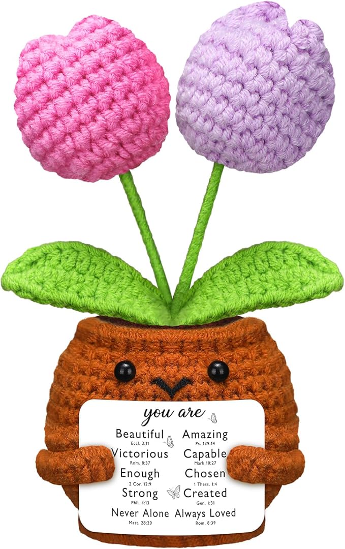 Wavwavw Christian Gift for Women Positive Handmade Crochet Tulips Doll with Bible Verse Prayer Card Inspirational Scripture Religious Crochet for Christmas Sunday Group Church
